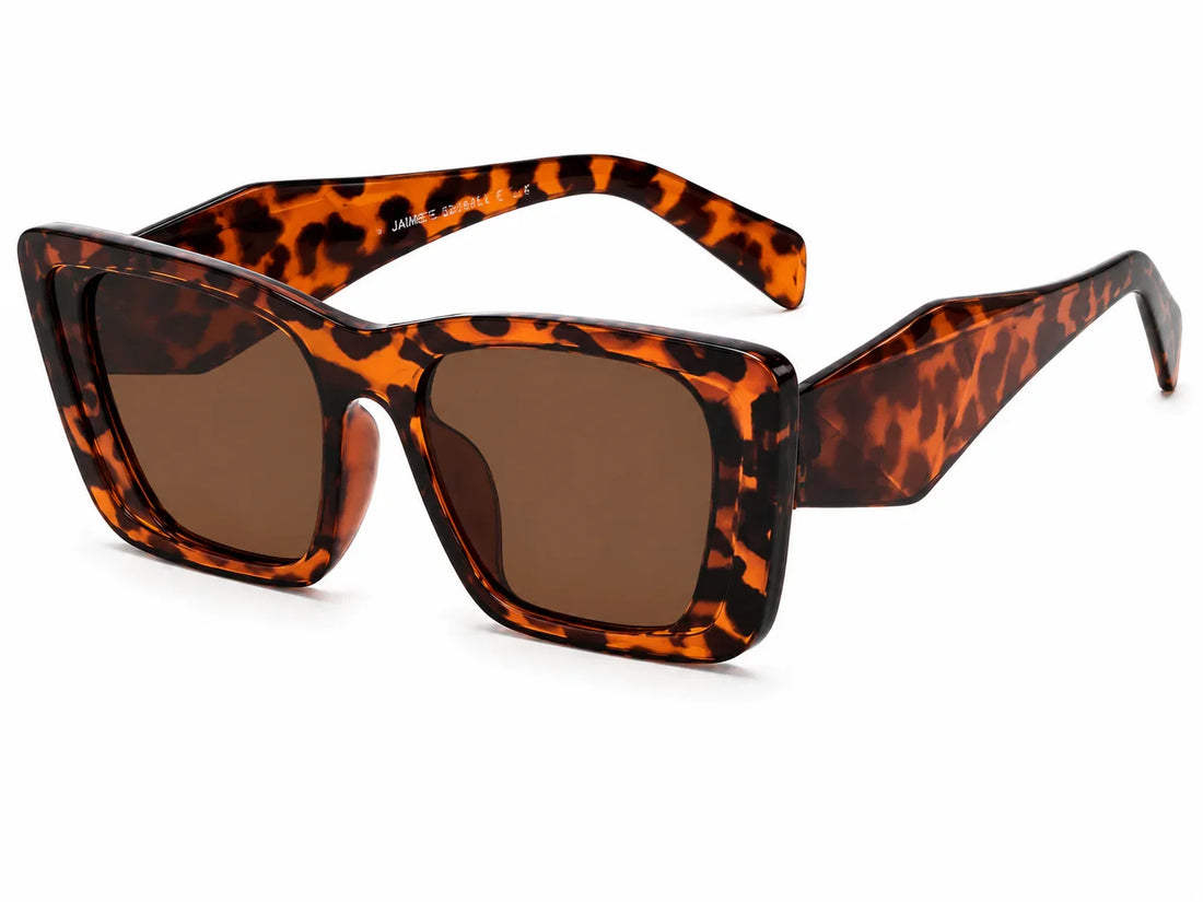 Tortoiseshell square sunglasses with brown lenses, stylish women's UV protection eyewear