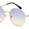 Gold hexagon sunglasses with blue-to-pink gradient lenses, UV protection, stylish women's fashion