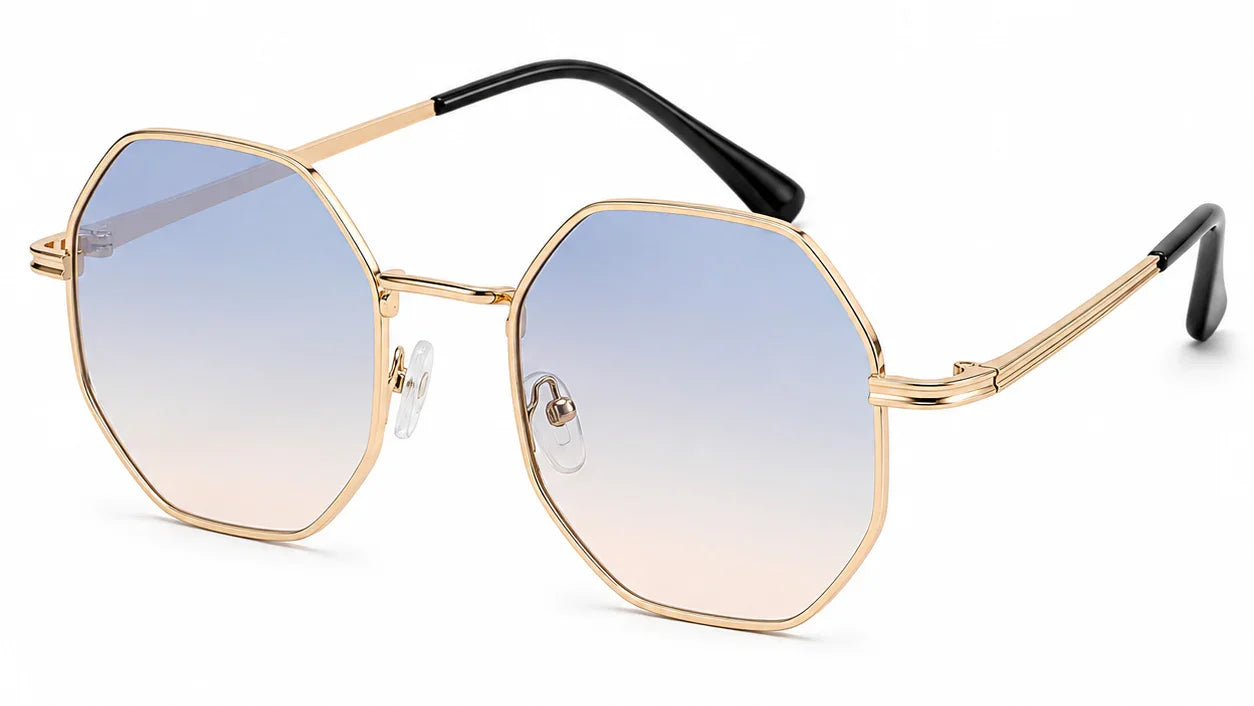 Gold hexagon sunglasses with blue-to-pink gradient lenses, UV protection, stylish women's fashion