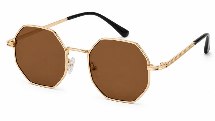 Gold hexagonal sunglasses with brown polarized lenses, stylish women's UV protection eyewear