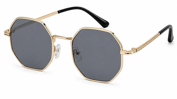 Gold hexagon frame sunglasses with dark lenses, stylish women's UV protection eyewear