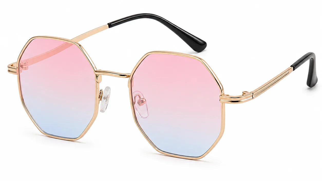 Pink to blue gradient octagon sunglasses with gold frame and black arms, UV protection, polarized lenses