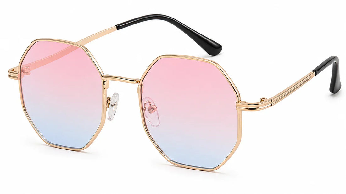 Pink to blue gradient octagon sunglasses with gold frame and black arms, UV protection, polarized lenses