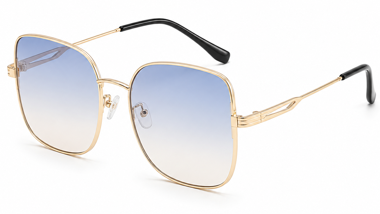 Gold frame women's sunglasses with blue to clear gradient lenses, UV protection, stylish design