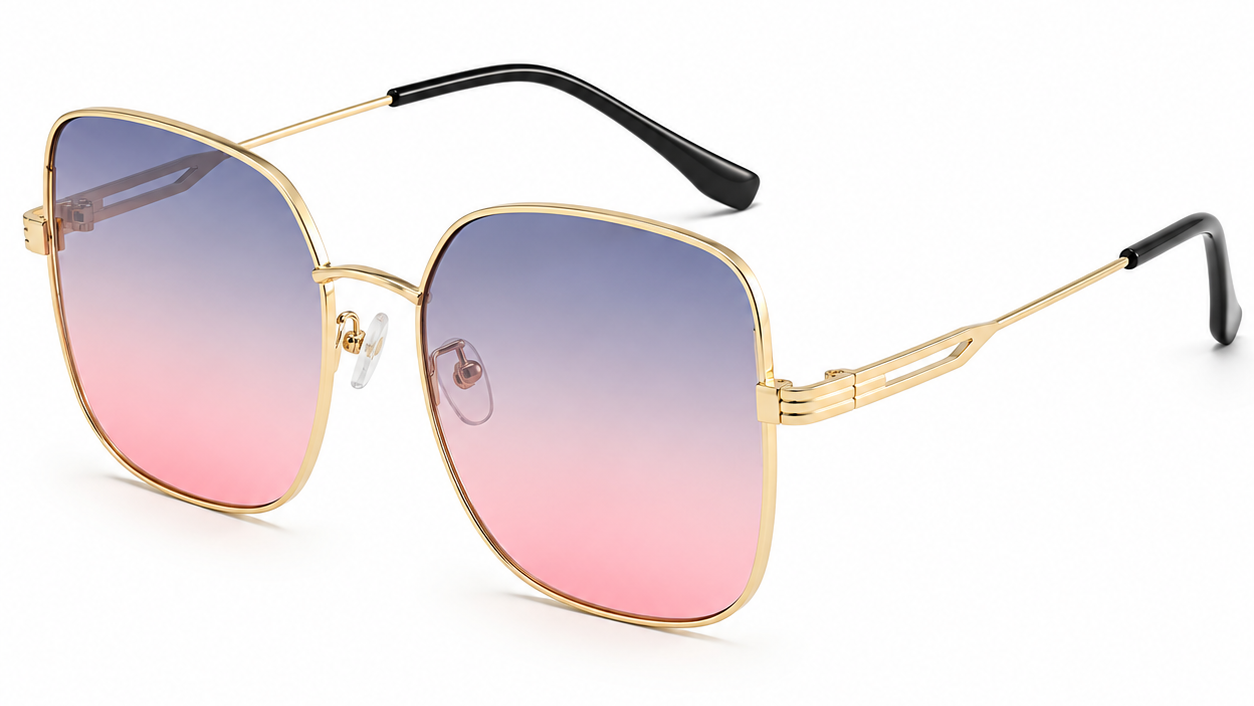 Stylish women's sunglasses with gold frame and pink-to-blue gradient lenses, UV protection