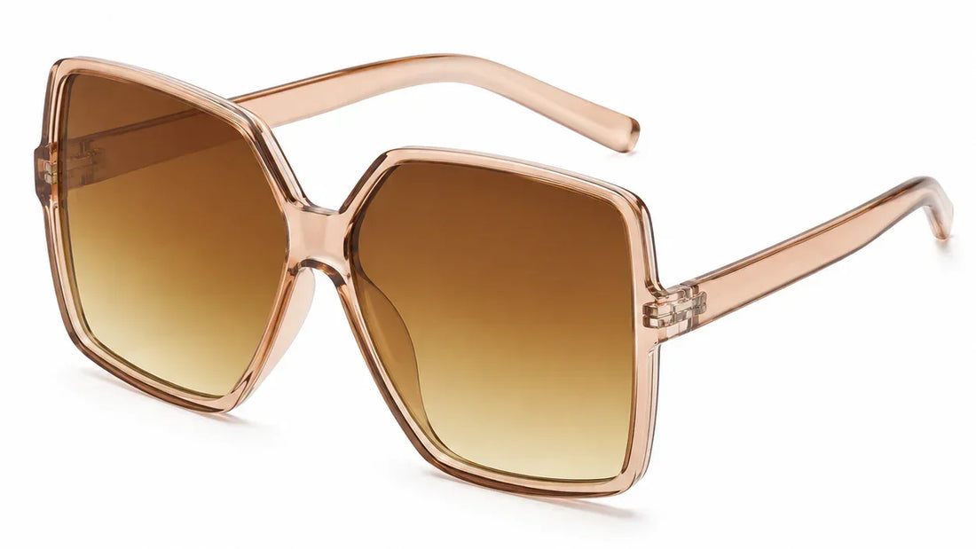 Stylish women's oversized square sunglasses with gradient brown lenses and clear frames, UV protection