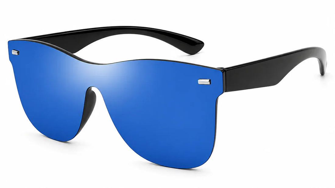 Stylish blue mirrored sunglasses with black frame, UV protection and polarization for women
