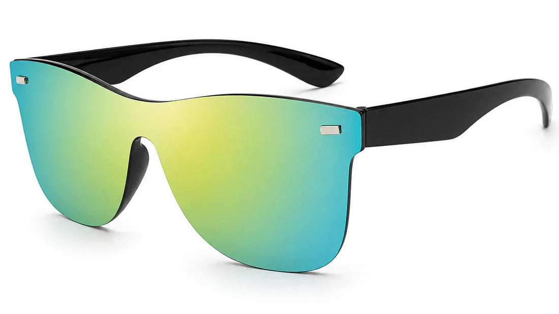 Stylish women's sunglasses with gradient green-blue mirrored lenses and black frames, UV protection