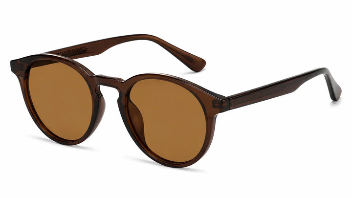 Brown round sunglasses by Fox Shades with a glossy frame, dark lenses, slim arms