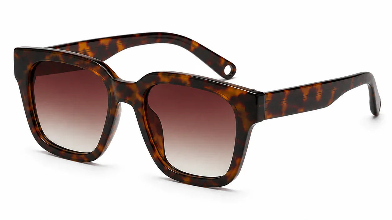 Hawksbill tea square sunglasses by Fox Shades with a glossy tortoise frame, warm tea gradient lenses, wide patterned arms