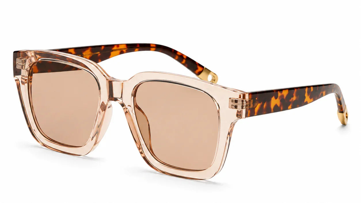 Tea tortoise square sunglasses by Fox Shades with a translucent peach clear frame, warm tea lenses, tortoise patterned arms