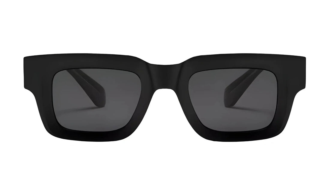 Black square frame sunglasses with dark polarized lenses, stylish UV protection for women