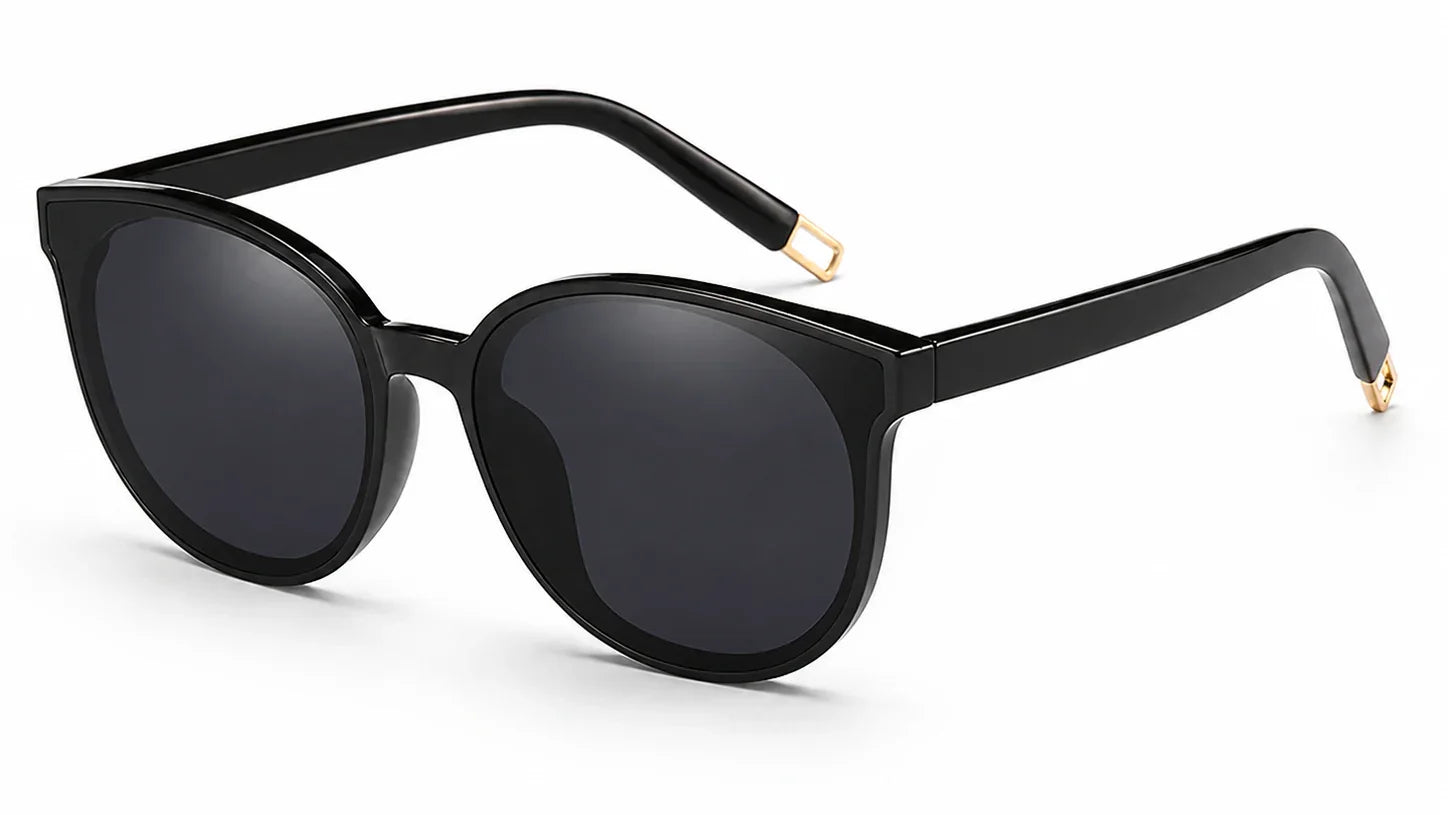 black ladies cat eye sunglasses with gold arm trim