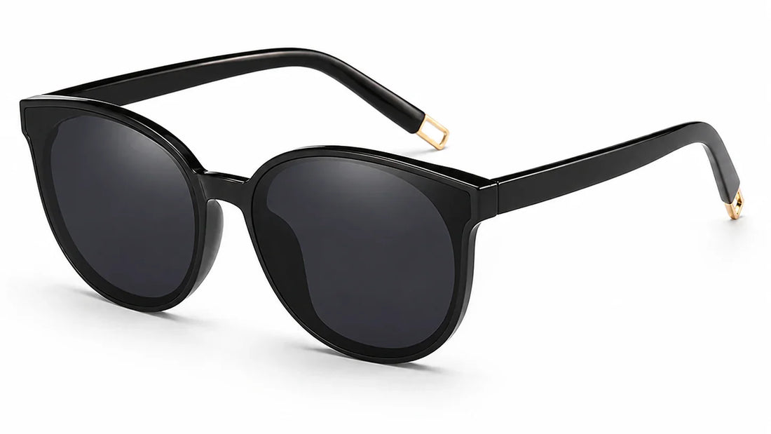 black ladies cat eye sunglasses with gold arm trim