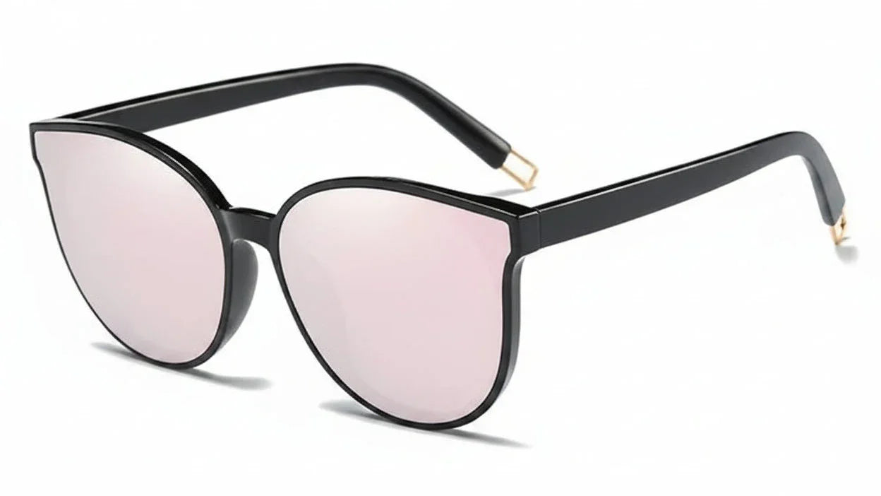 Stylish women's cat-eye sunglasses with pink mirrored lenses and black frames, UV protection