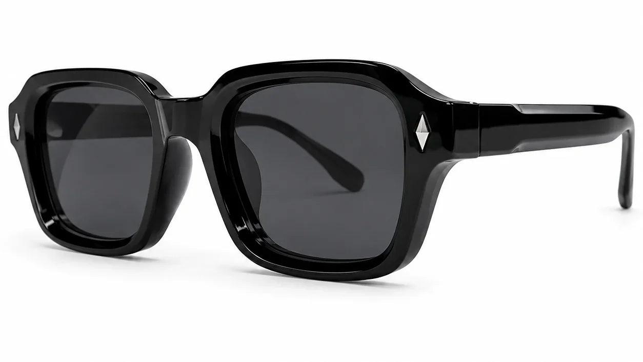Black oversized square sunglasses with diamond accent, UV protection, polarized lenses for women